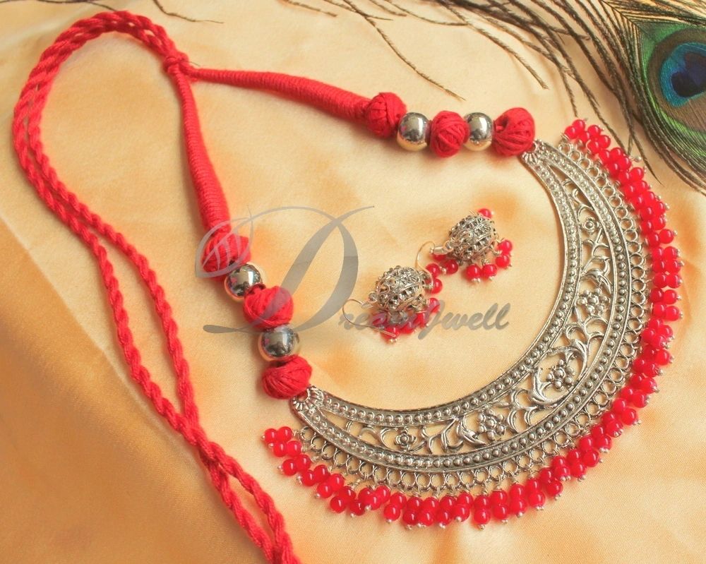 Silver tone Red thread Necklace Set DJ20916