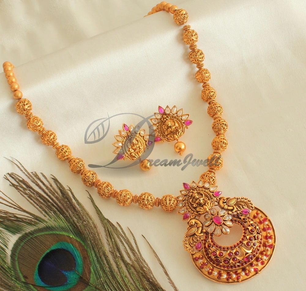 Matte Finish Kemp Peacock Lakshmi beaded haar Set DJ21974