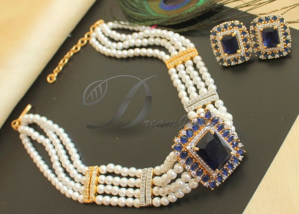 Gold tone Cz White-blue Pearl Choker Necklace Set DJ24261