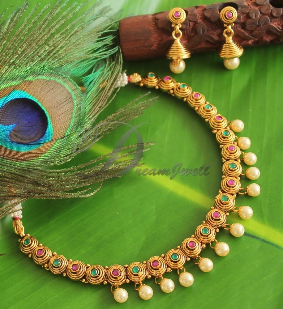 Antique gold tone Ruby-emerald Pearl Necklace Set DJ25213