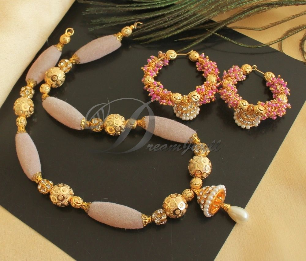 DREAMJWELL Beautiful Velvet Beads Pale Pink Designer Necklace