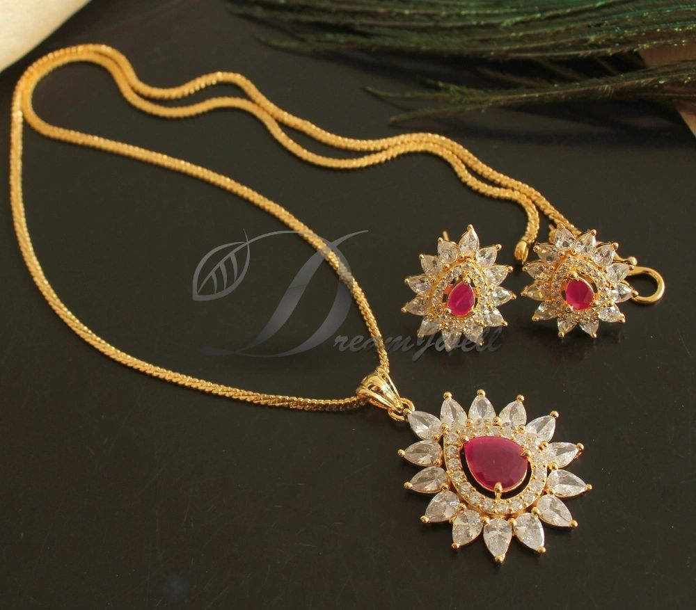 Gold Tone Cz White-ruby Stone Pendant Set DJ26156