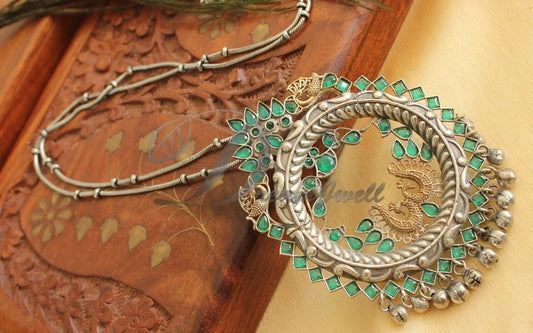 Oxidized Silver tone Green Peacock Long Necklace DJ27676