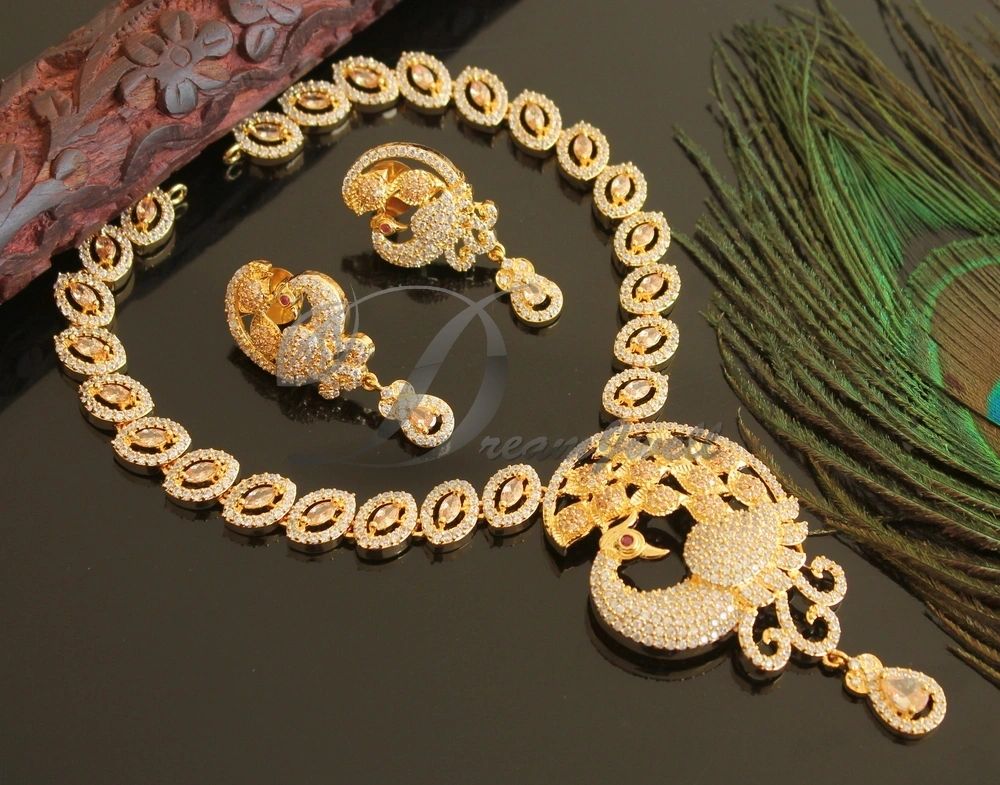 Gold Tone Cz Gold Stone Peacock Necklace Set DJ28852