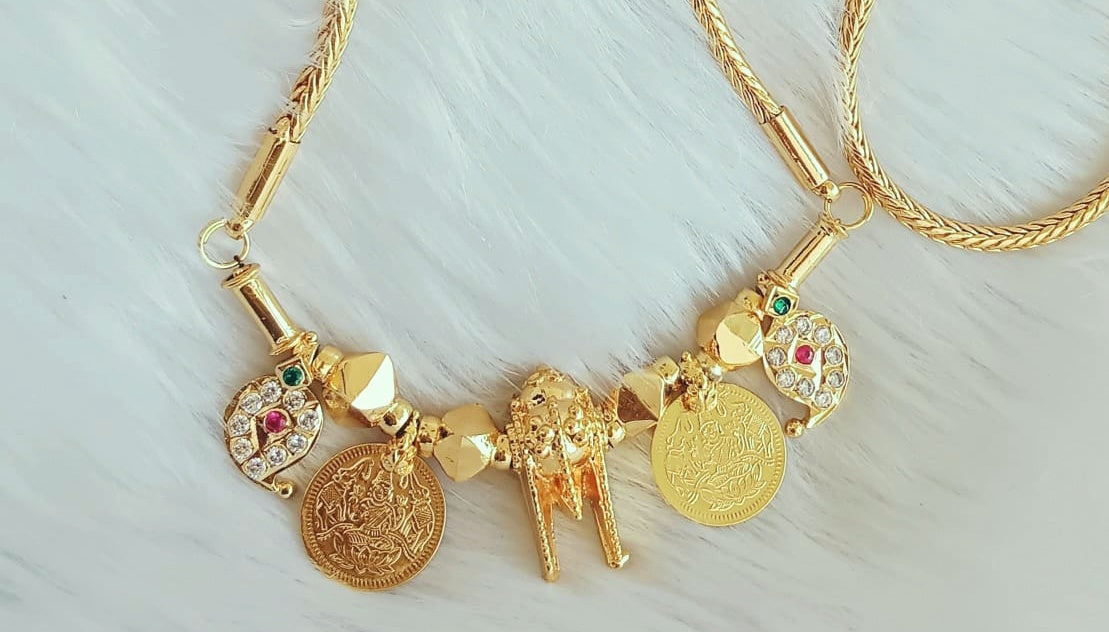 Gold tone pink-green-white stone mango Lakshmi coin thiru mangalyam dj-39903