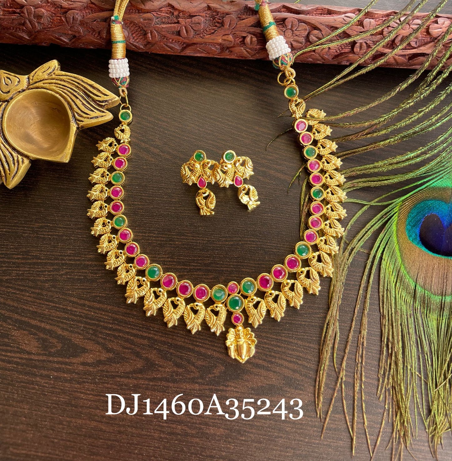 Gold tone ruby-emerald peacock designer necklace set dj-35243