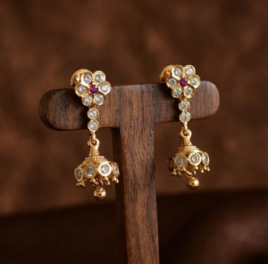Gold tone ad pink-white south indian flower jhumkka dj-52786
