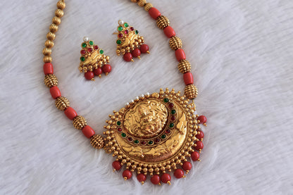 Matte finish coral beaded kemp-green lakshmi necklace set dj-52978