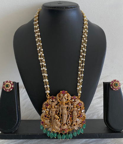 Antique gold tone pearl chain with green beaded ram parivar pendant set dj-55117