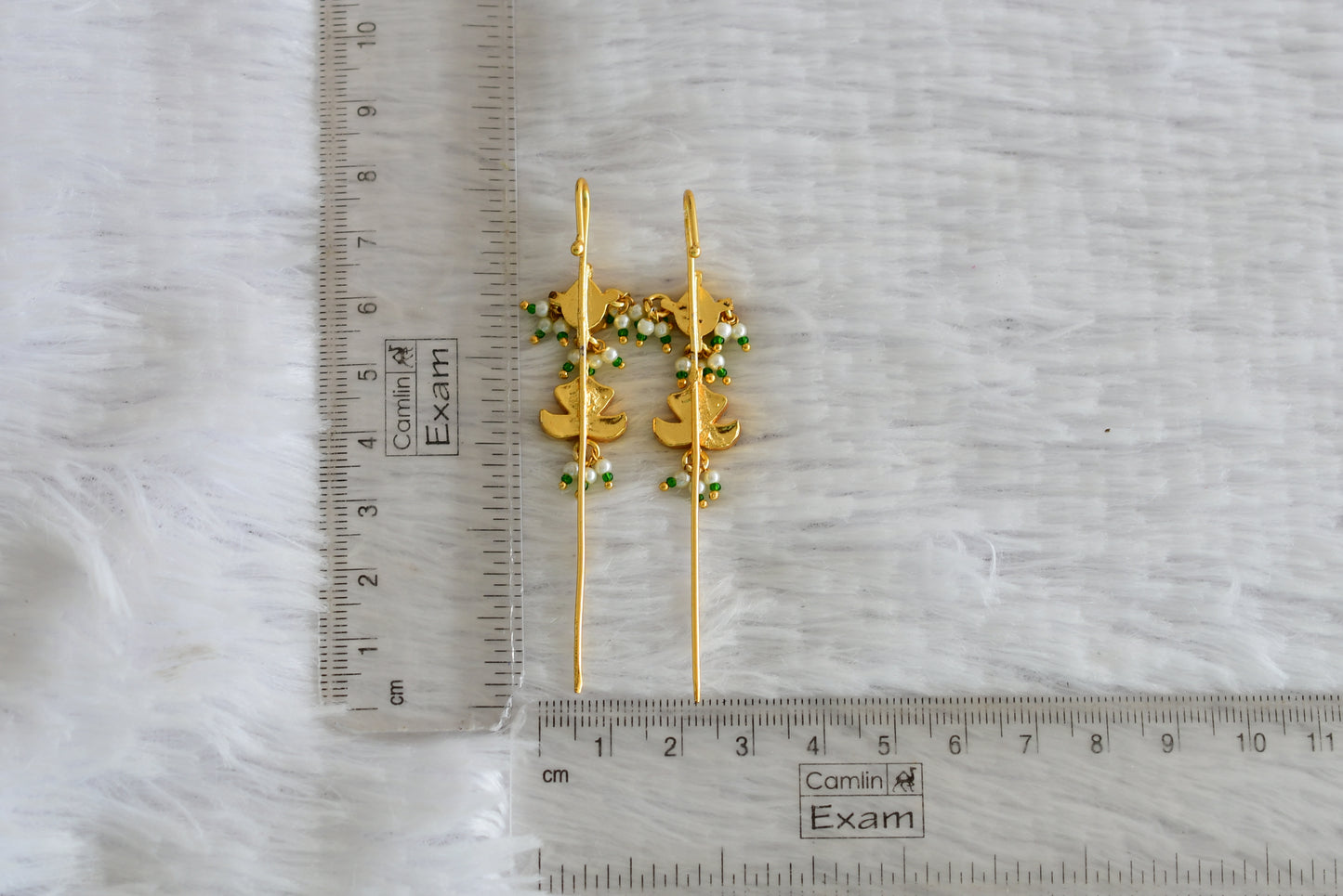 Gold tone pink-green-white kundan jadau flower bugadi needle earrings dj-52455