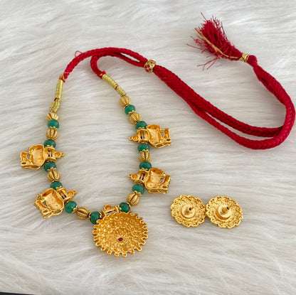 Antique gold tone green beaded kamadhenu necklace set dj-54956