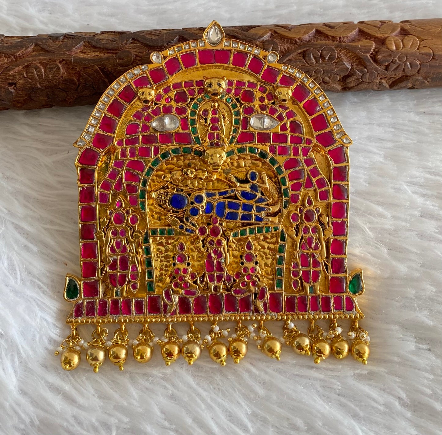 Gold tone pink-green-blue-white kundan jadau Sri Ranganathar pendant dj-46030