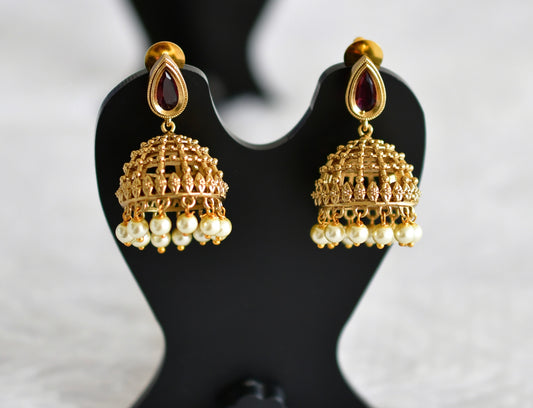 Antique gold tone magenta pink thilak stone pearl jhumkka dj-51851