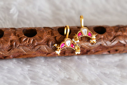 Gold tone pink-white kundan jadau bugadi earrings dj-52491