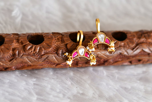 Gold tone pink-white kundan jadau bugadi earrings dj-52491