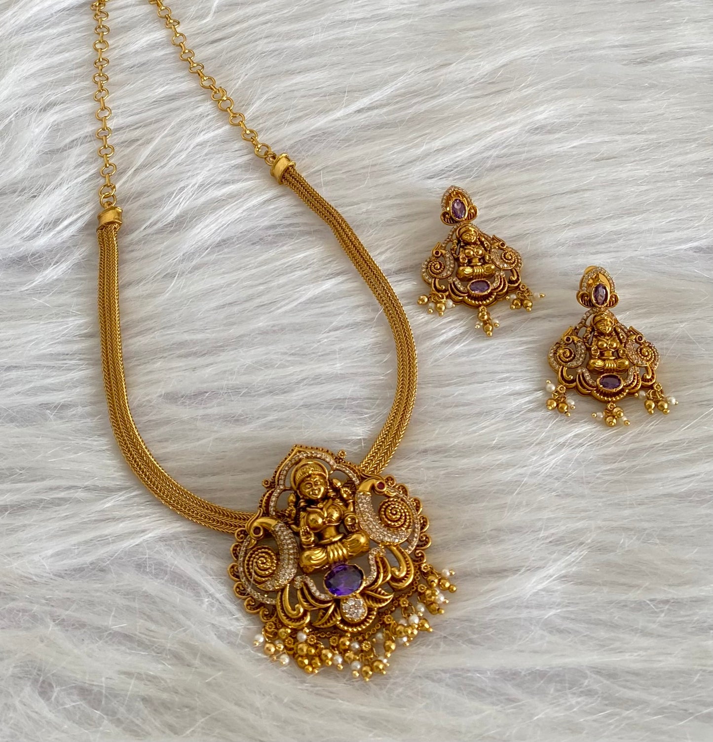 Antique gold tone purple-white stone lakshmi peacock necklace set dj-54266