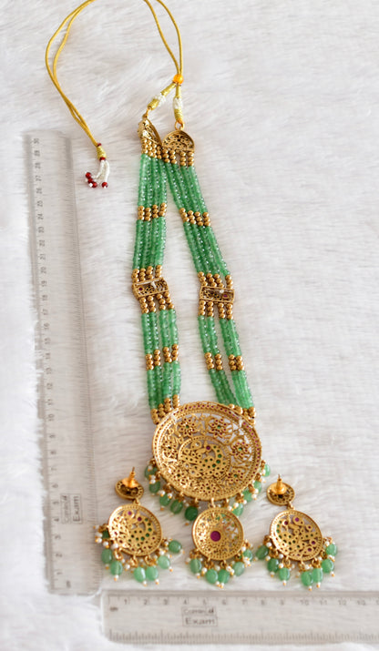 Antique gold tone pink-green beaded peacock haar set dj-52438