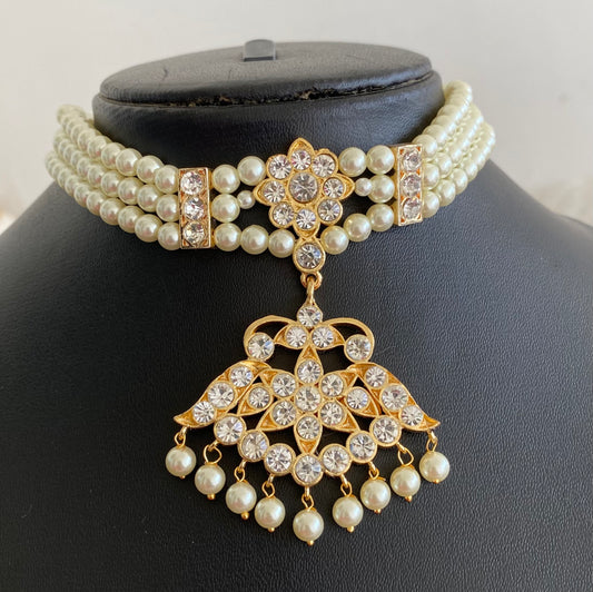 Gold tone precious kemp-green-white pearl reversible flower choker necklace dj-53934