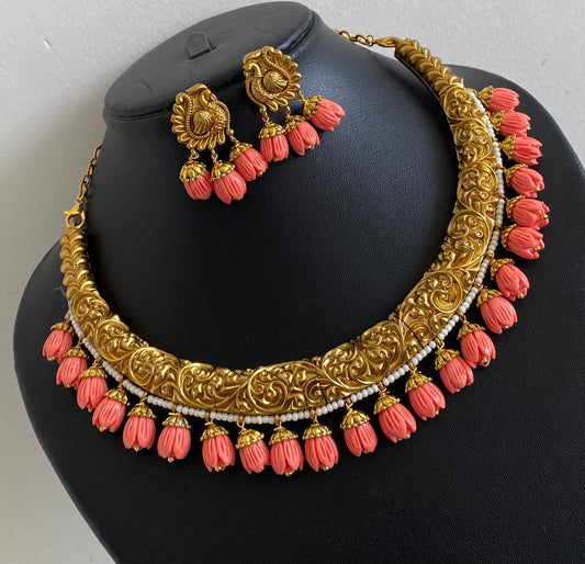 Antique gold tone pink tulip beaded kante necklace set dj-53962