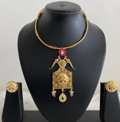 Antique gold tone Kundan jadau lion head pendant hasli necklace set dj-54609