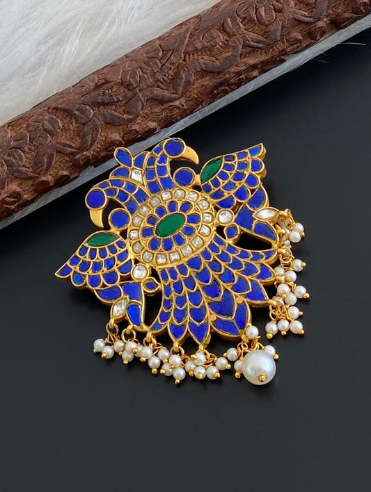 Gold tone blue-green-white pearl kundan jadau ganda berunda pendant dj-54557