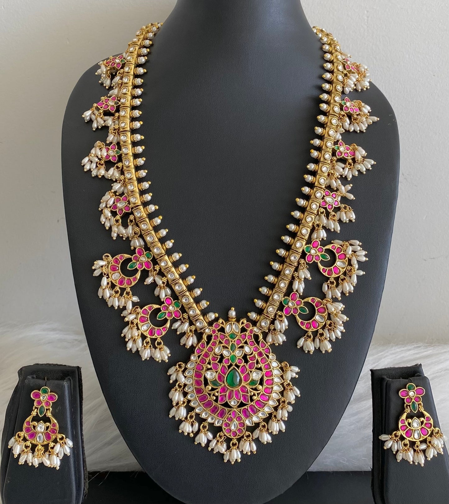 Antique gold tone peacock kundan jadau rice pearl haar set dj-54154