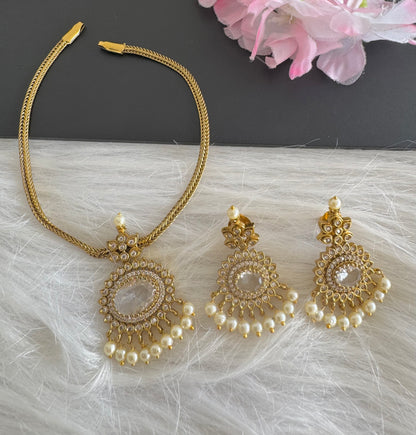 Antique gold tone cz white oval stone necklace set dj-51206