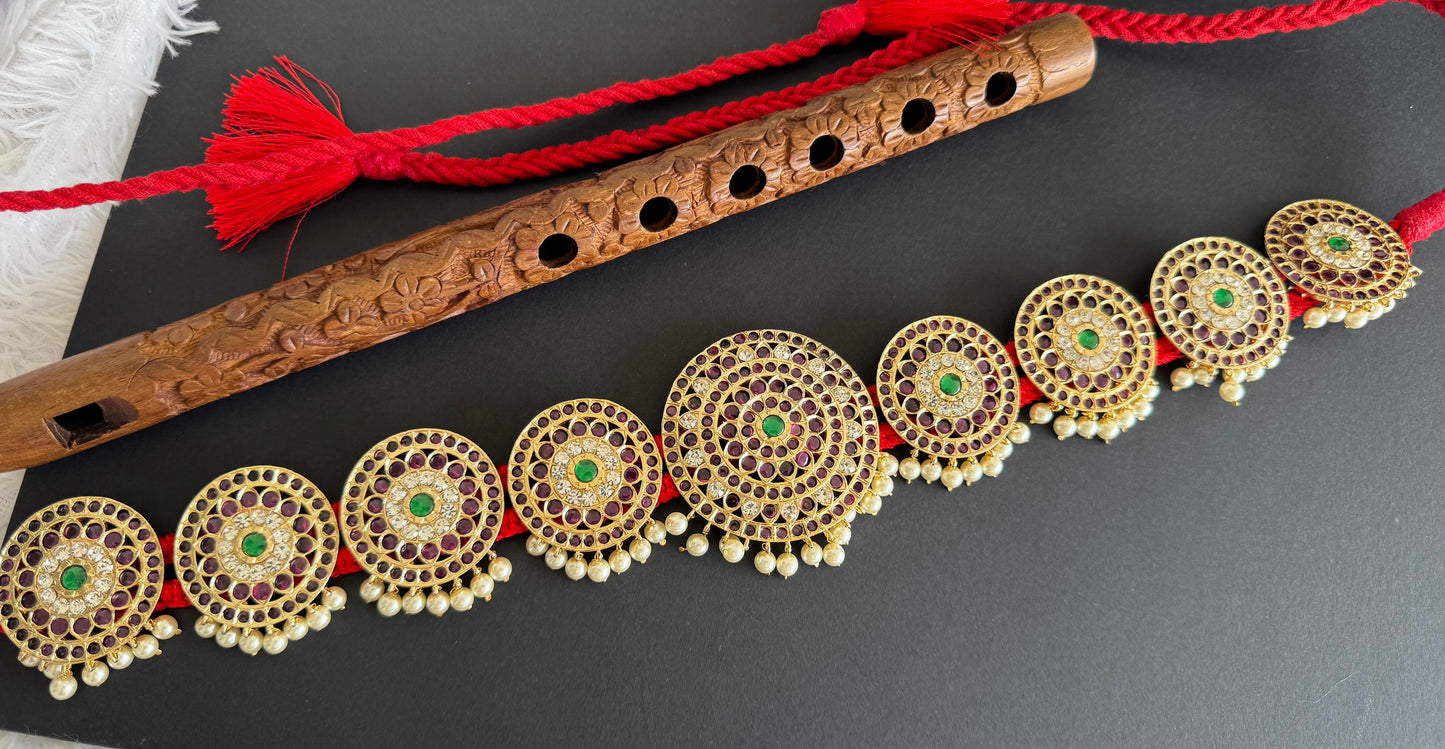 Gold tone precious kemp-green-white pearl round waist band dj-52306