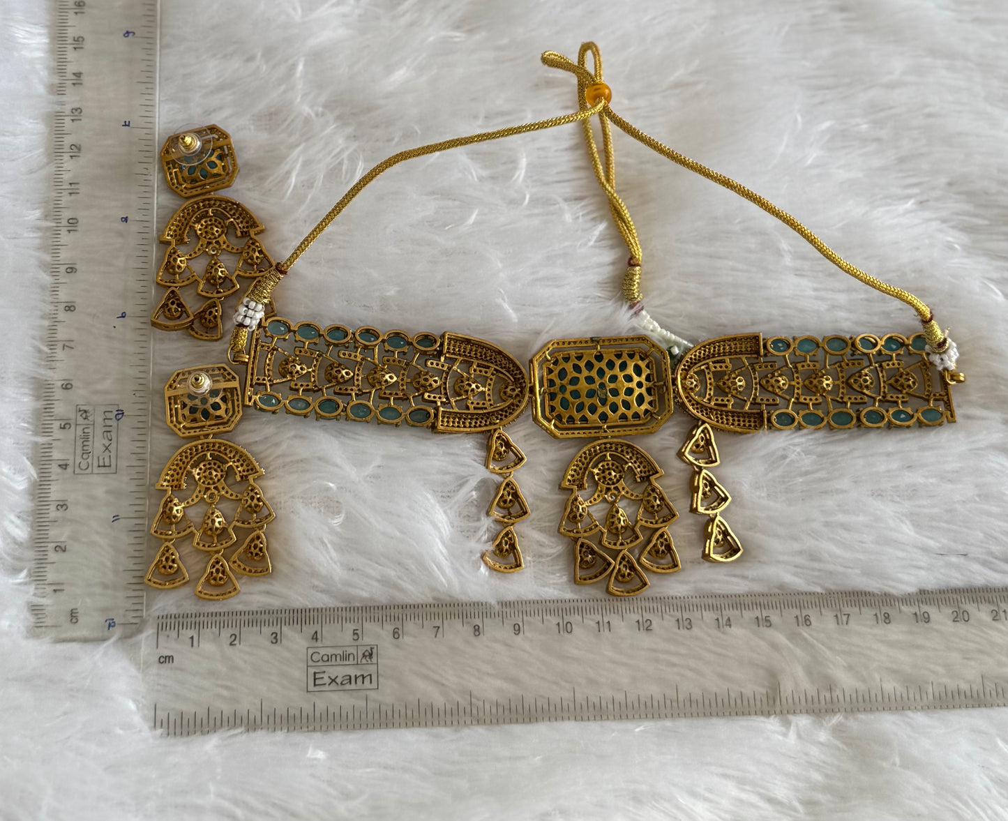 Antique gold tone cz kundan blue choker necklace set dj-51078