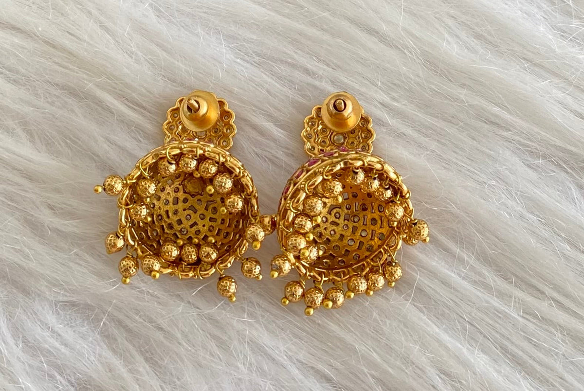 Antique gold tone kemp-green stone jhumkka dj-54623