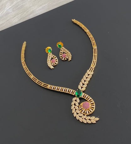 Antique gold tone white-pink-green stone kante necklace set dj-54755