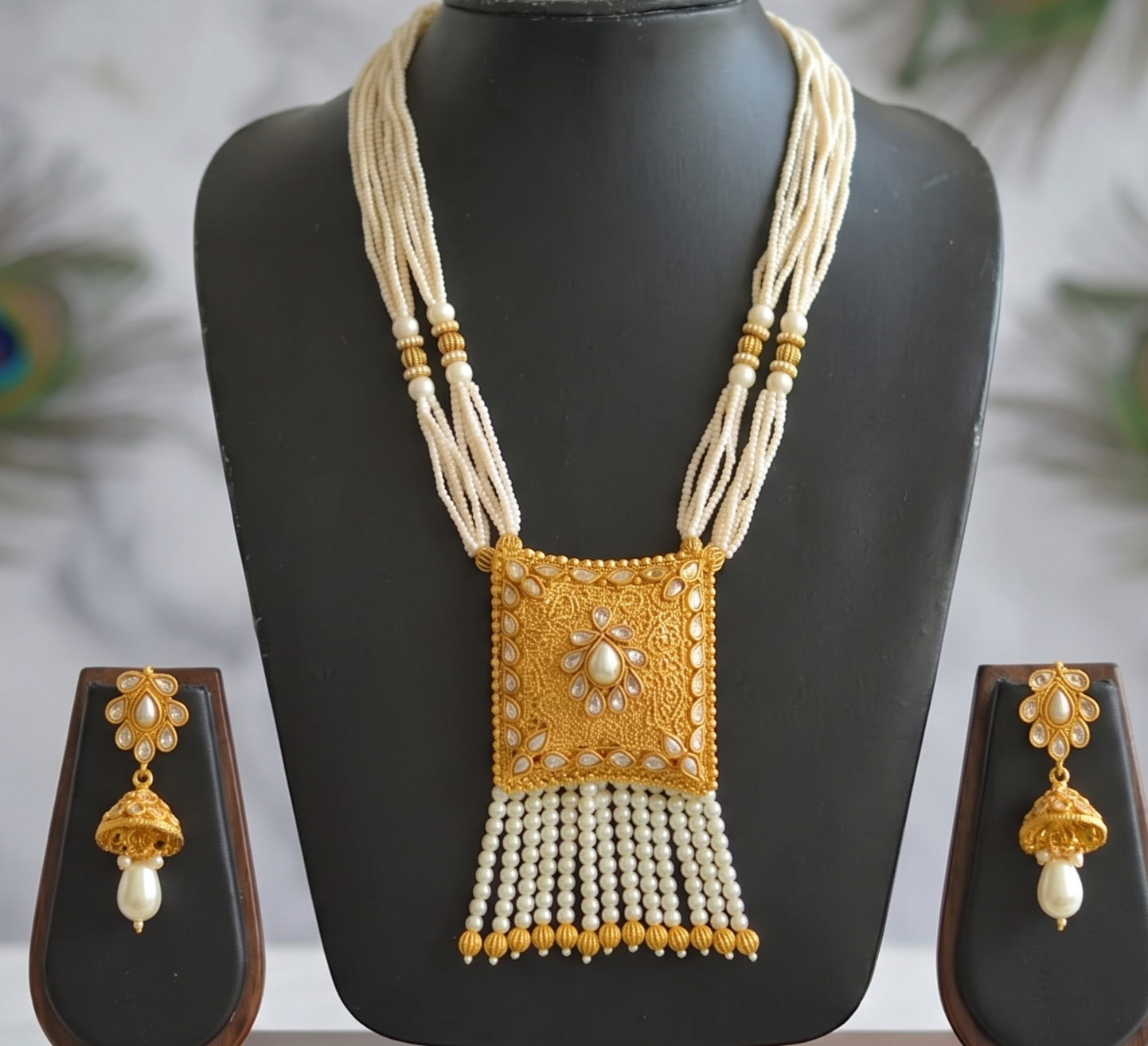 Antique pearl square pendant necklace set dj-01590