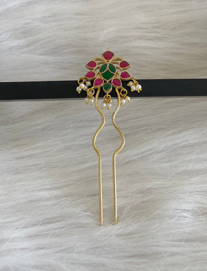 Gold tone kundan jadau kemp-green pearl hair jewel/pin dj-55061