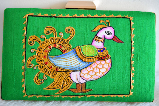 Tanjore painted green silk clutch dj-52653