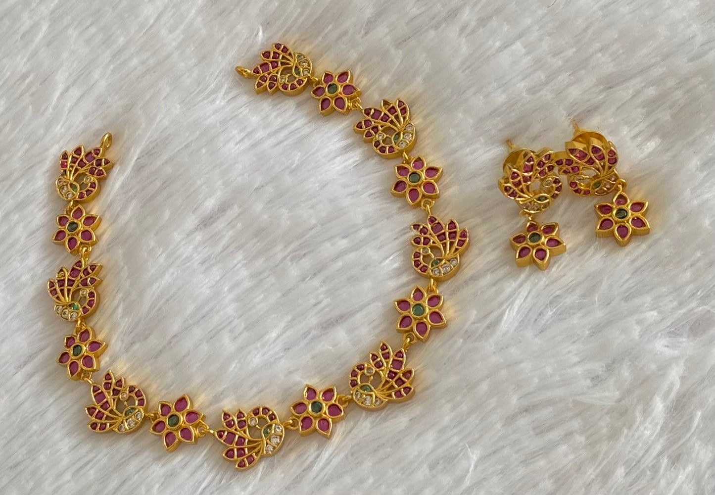 Gold tone pink-green-white stone peacock necklace set dj-54409