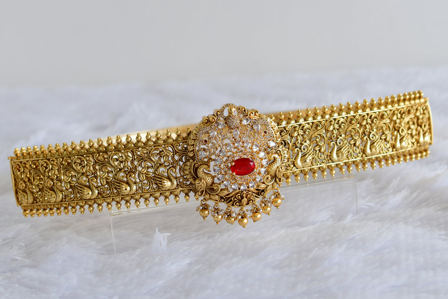 Antique gold tone red-white stone peacock waist band dj-52194
