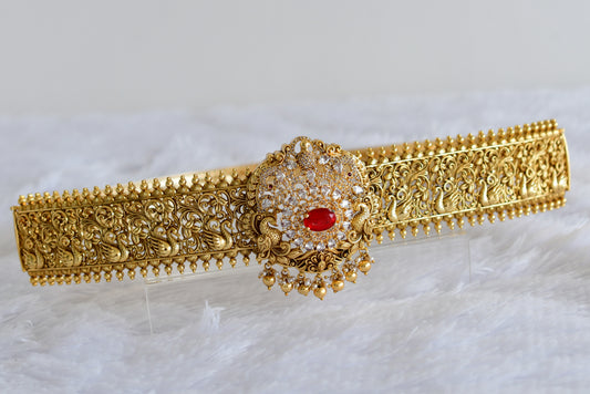 Antique gold tone red-white stone peacock waist band dj-52194