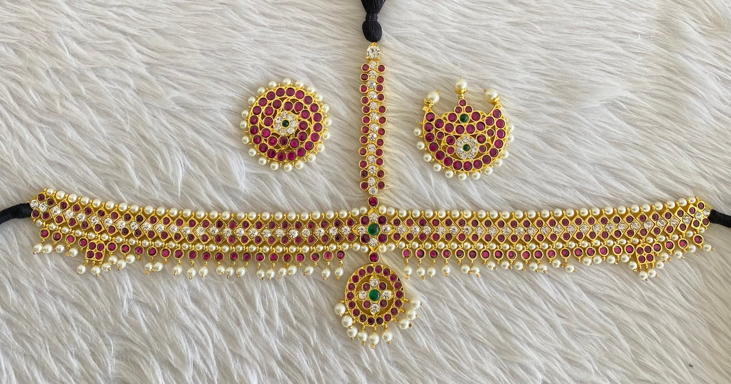 Gold tone precious kemp-green-white pearl maang head set with sun moon dj-53032