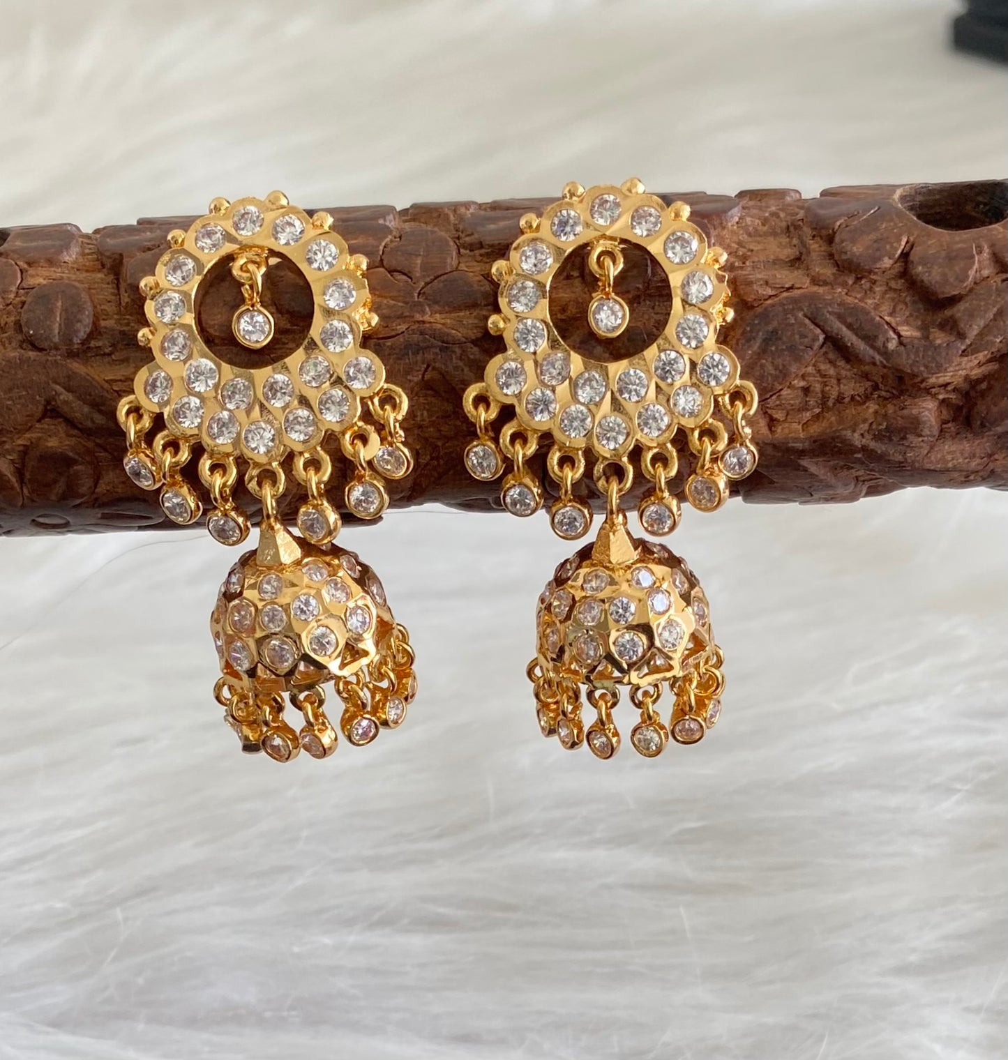 Gold tone south indian style AD white stone round  jhumkka dj-53866