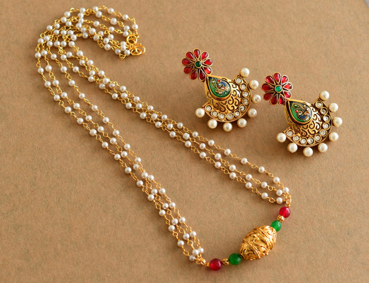 Gold tone pink-green pearl beaded necklace set dj-51985