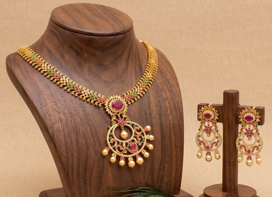Gold tone cz-ruby-emerald bridal necklace set dj-01898