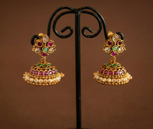 Antique gold tone ruby-green pearl jhumkka dj-52544