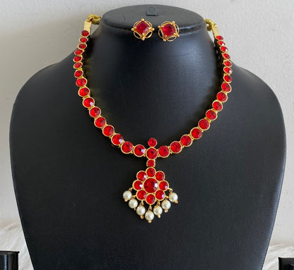 Gold tone AD red stone pearl attigai necklace set dj-55029