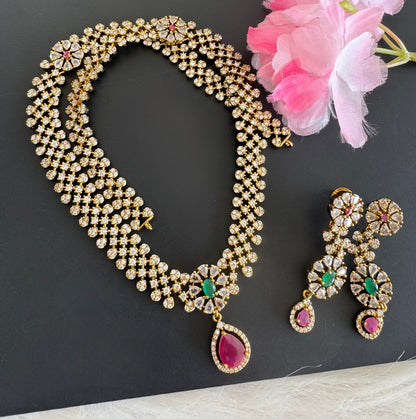 Antique gold tone cz ruby-green flower haar set dj-51235