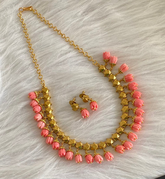 Antique gold tone pink tulip beaded necklace set dj-53707