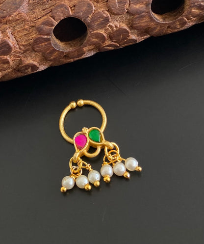 Gold tone kundan jadau green-pink stone pearl nose pin/bulakku dj-53805