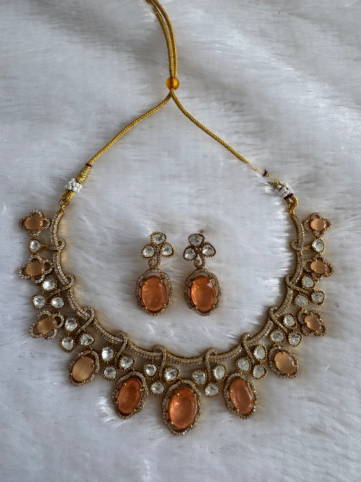 Antique gold tone cz peach moissanite necklace set dj-51068