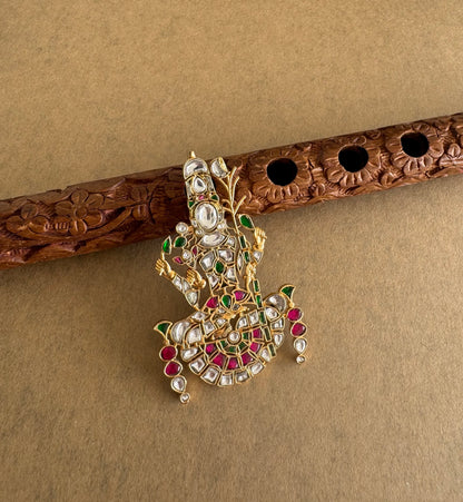 Gold tone pink-green-white kundan jadau Kamakshi pendant dj-51591