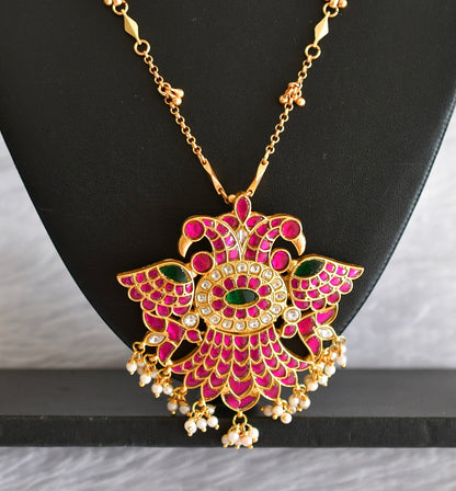 Matte finish pink-green kundan jadau Ganda berunda necklace dj-51539