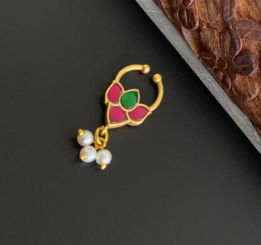 Gold tone kundan jadau pink-green stone lotus pearl nose pin/bulakku dj-53791